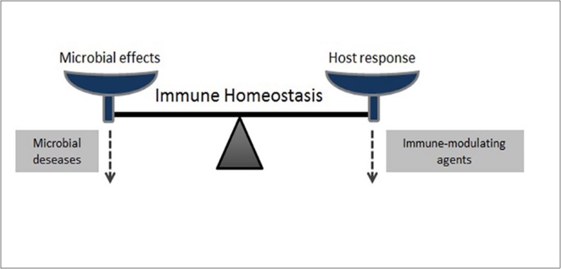 The balance between the host and the microorganism. When balance develops against the host, microbial diseases occur. Immune modulating agents can ensure that balance is restored.